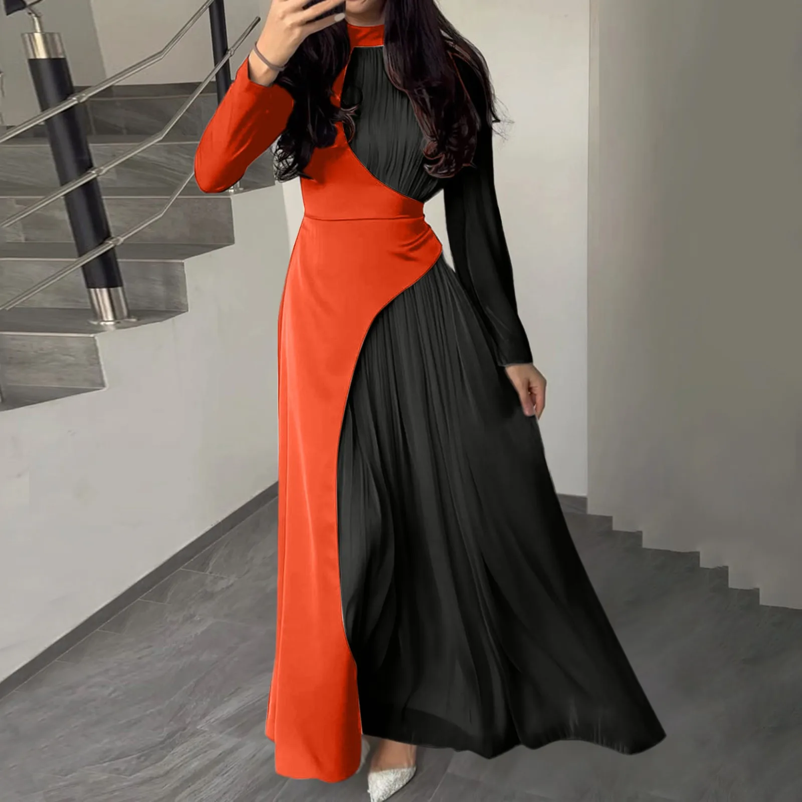 2024 Spring Summer Patchwork Women Dress Round Neck Long Sleeve Maxi Dresses Slim Fit Pleated Elegant Ladies Costume Long Dress