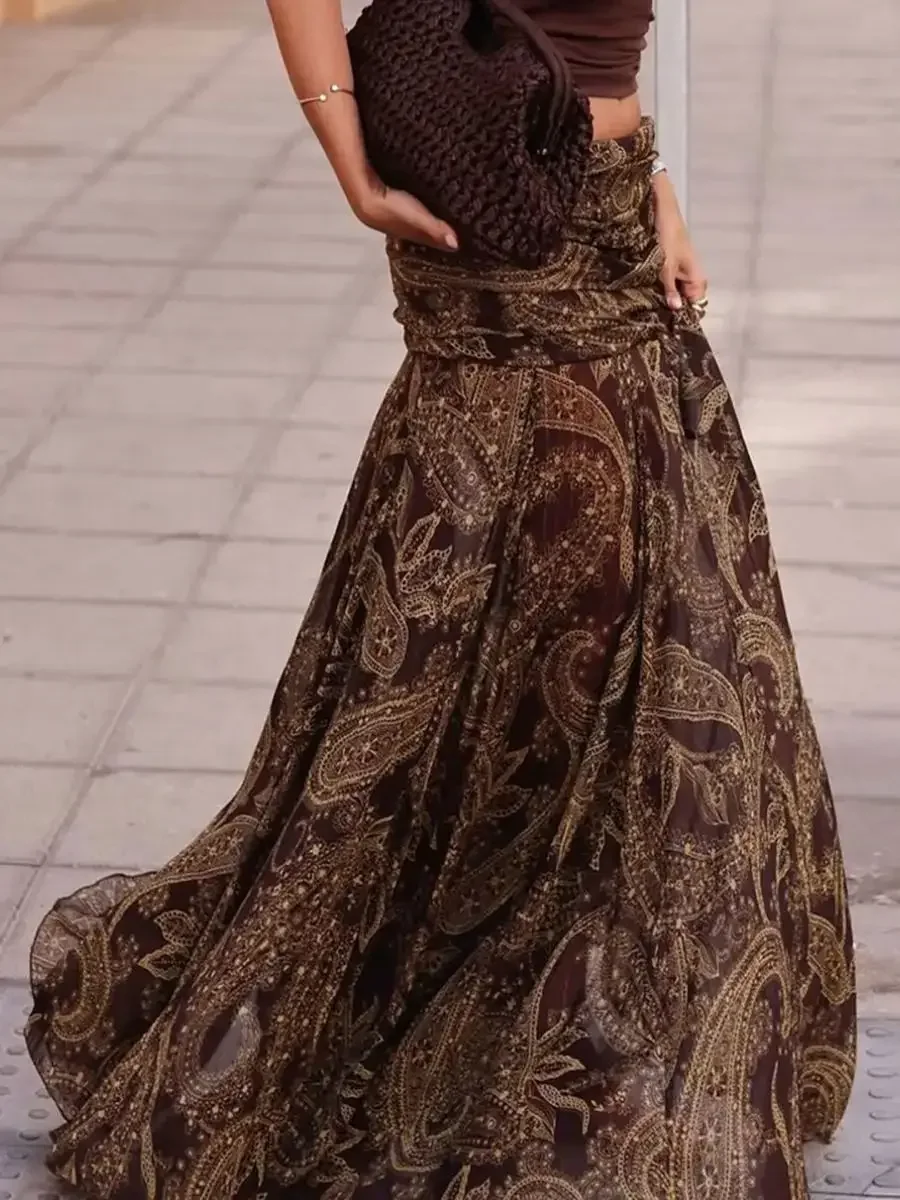 Irregular Printed Big Swing Long Skirts For Women High Waist Buttock Cover A-Line Maxi Skirt Female Vintage Bottom Clothes