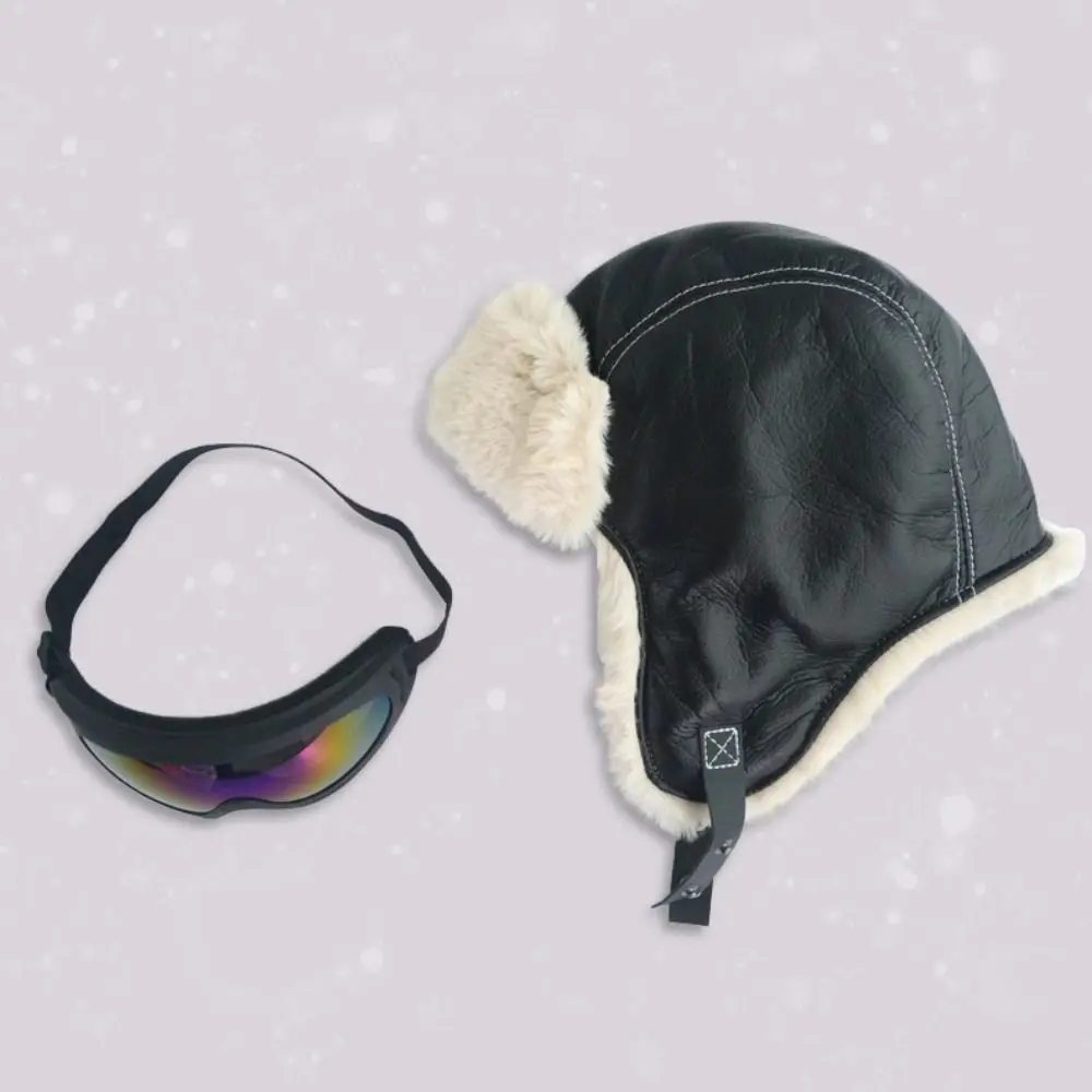 

Fashion PU Leather Ski Cap with Glasses Cute Warm Kids Plush Pilot Hat Thickened Earmuff Streetwear