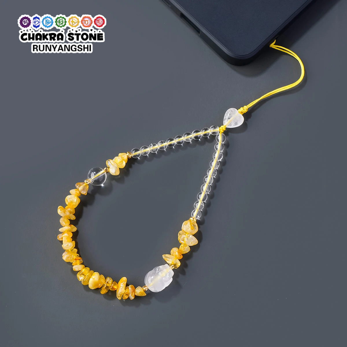 1PC Natural Crystal Crushed Stone Phone Lanyard, Citrine Wrist Strap Pendant, Anti-Loss Phone Chain Charm