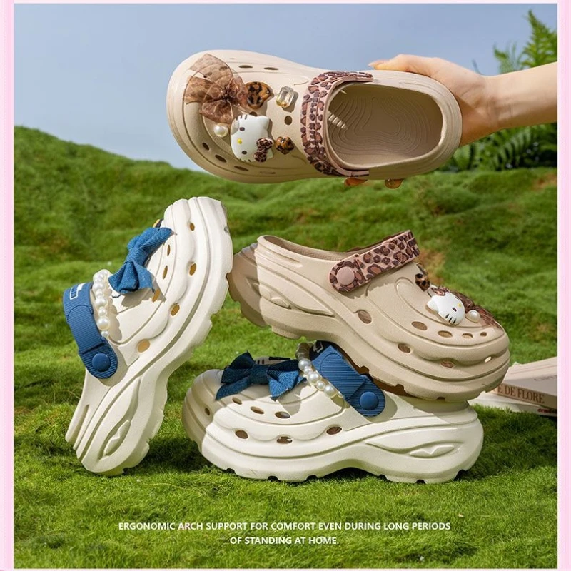 

Cute Sanrio Hello Kitty Girls Clogs 4.5cm Thick Bottom Leopard Slippers Indoor Outdoor Home Knot Pearl Decor Beach Sandal Shoes