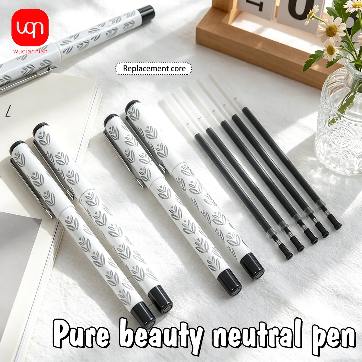 Recharge de stylo WQN 0,5 mm – Stylo gel à motif de haute qualité avec clip métallique, écriture fluide, sans rupture d'encre, beaucoup d'encre noire, ensemble rechargeable