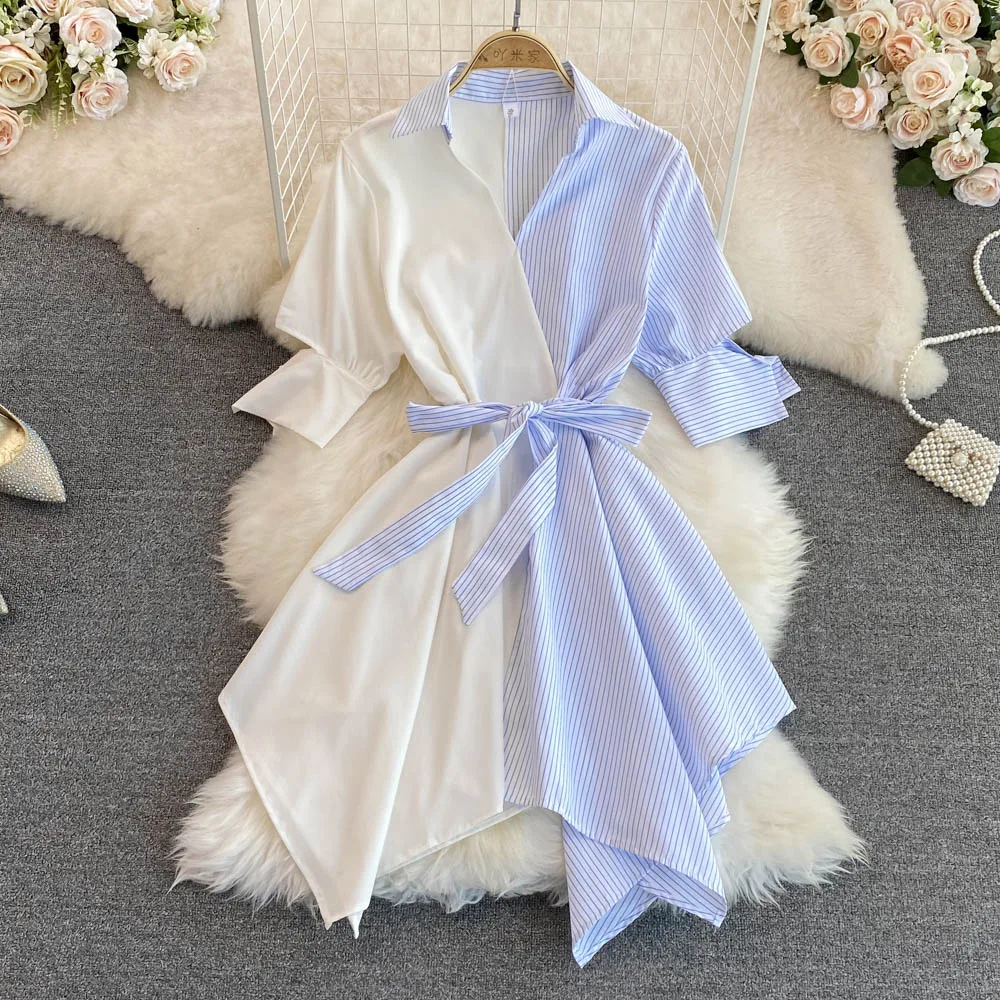 

Female Shirt Dress Colorblock Striped Robe 2022 New Spring Summer Puff Sleeve Irregular A-Line Mini Dresses For Women