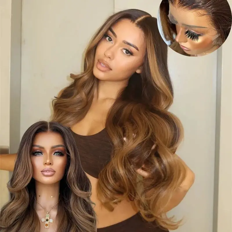 20'' Ombre Warm Brown Highlights HD Invisible Synthetic Lace Front Wig Beginner Friendly Premium Fibre Daily Party Cosolay Wigs