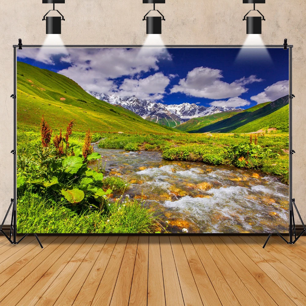ธรรมชาติพื้นหลัง Lake Mountain ต้นไม้ป่าสีเขียวหญ้าท้องฟ้าสีฟ้ามีเมฆ Scenic การถ่ายภาพฉากหลัง Photocall Photo Studio