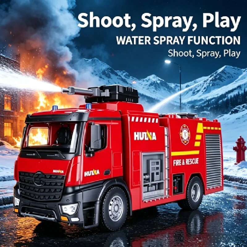 Huina Remote Control Fire Truck Large Size Electric Real Water Spraying 500ml Water Tank Simulation Vehicle For Adults
