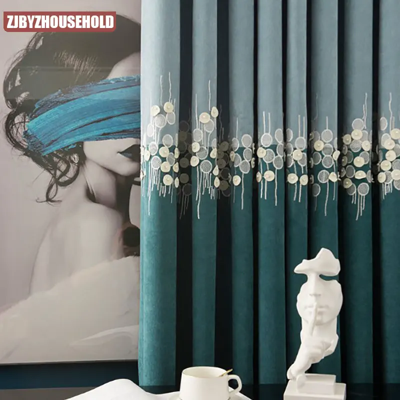 

New Light Luxury Curtains for Living Dining Room Bedroom Thick Cashmere Shading Chenille Embroidered Bead Blue Curtains Tulle