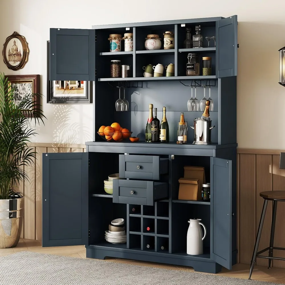 

Farmhouse Coffee Bar Cabinet with Drawers Shelves and Cabinets, Wine Cabinet with Glass Racks, Sideboard Buffet Cabinet, Pantry