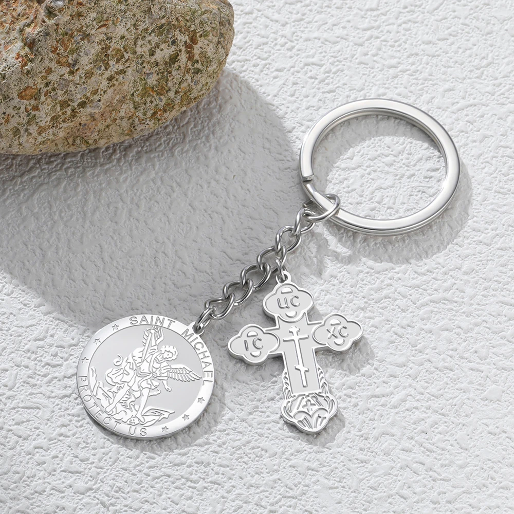 Dawapara Orthodoxes Kreuz und Heiliger Michael Anhänger Schlüsselanhänger Religiöses Gebet Erzengel Christlicher Talisman Edelstahl Schlüsselring – Detail 16