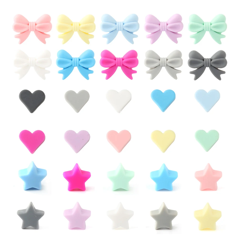 30pcs Silicone Baby Beads Food Grade Star Heart Bow Shape DIY Pacifier Chain Necklace Accessories Nursing Silicone Teether Beads