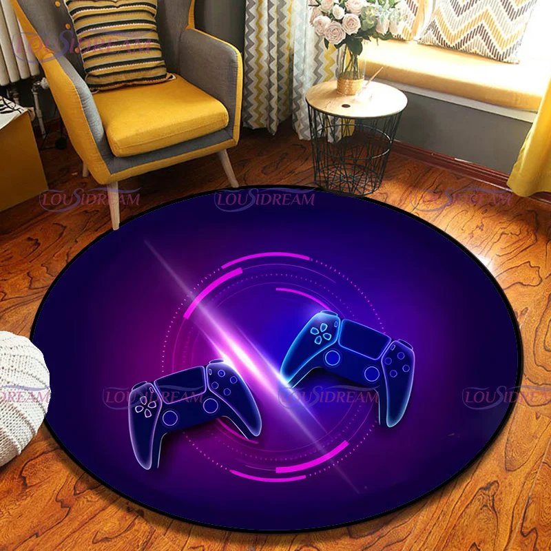 Video Game Gamepad Player Black Round Rug Gamer Circle Rug Round Game Room Rug for Game Room Playroom Theme Mat