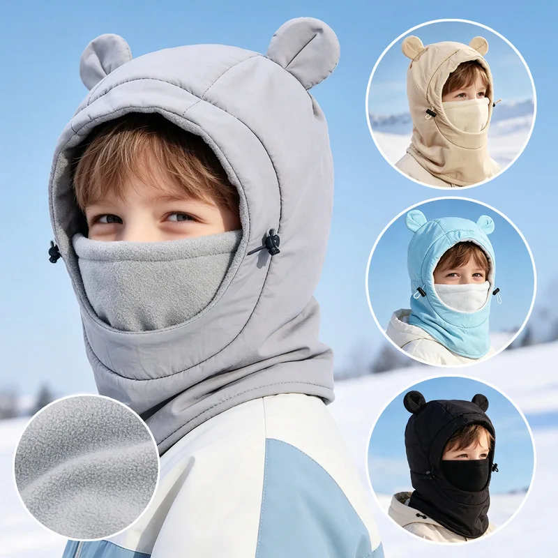 Kids Cute Bear Ear Balaclava Hat Winter Windproof Full Face Neck Protection Outdoor Ski Cycling Warm Integrated Hood Cap