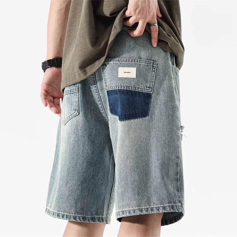 

Лето 2022, рваные мешковатые джерсы для мужчин, повседневные лоскутные джинсовые шорты с прямыми штанинами Y2K, уличная одежда, короткие джинсы homme