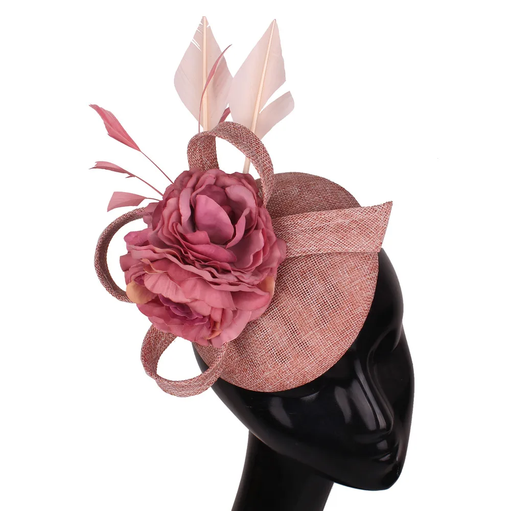 

Elegant Peach Wedding Headwear Imitation Sinamay Women Fascinator Hat Feather Bride Hair Accessories Vintage Headdress For Lady