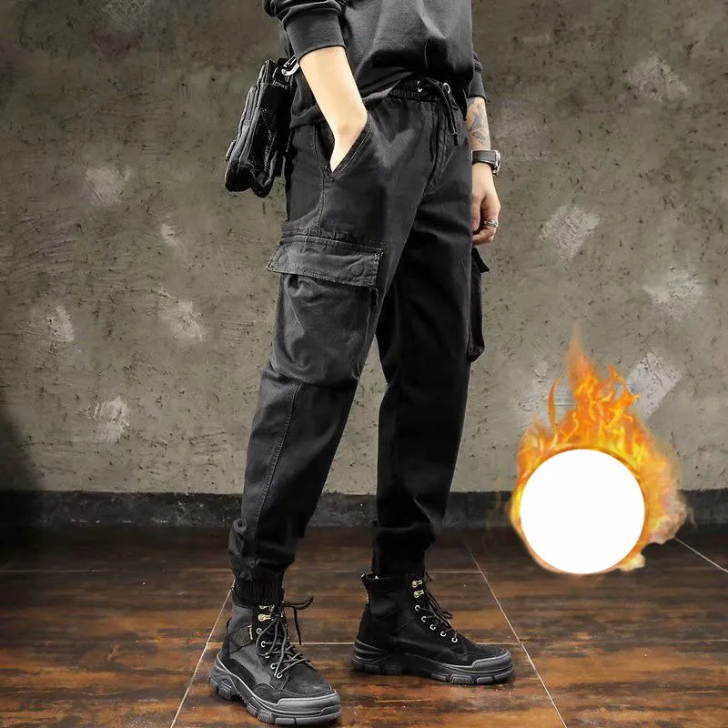 2023 KPOP Fashion Style Harajuku Slim Fit Trousers All Match Retro Cargo Pants Solid Pockets Waist Drawstring Loose Casual Pants