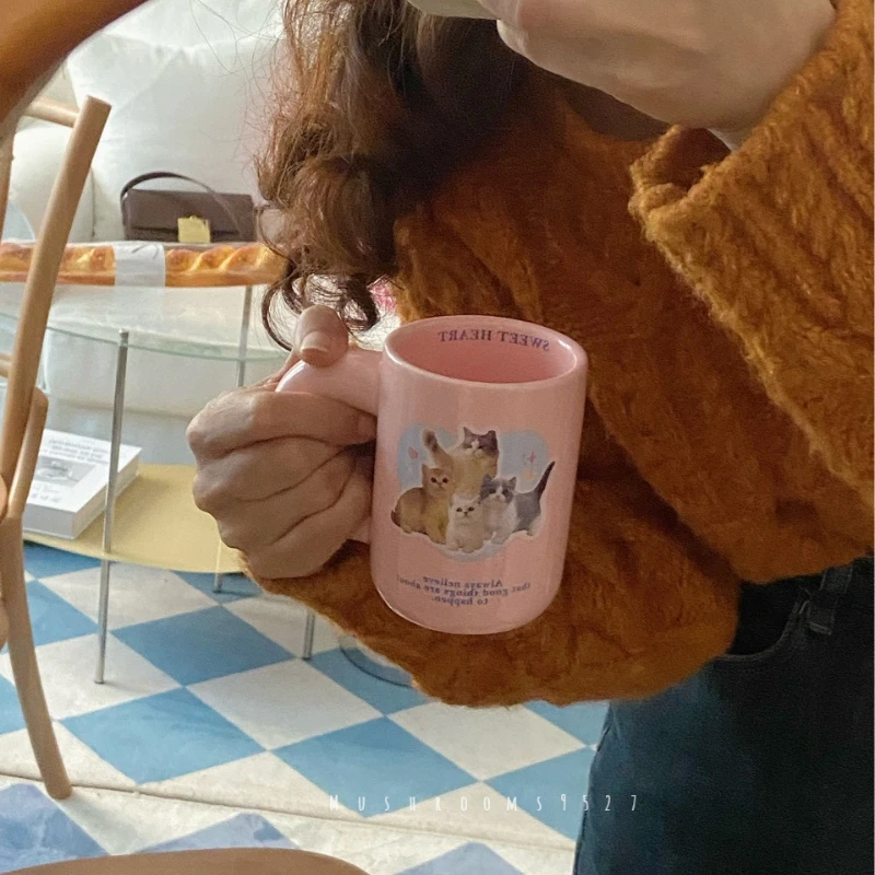 Pink Cute Kitten Mugs Girls To Drink Breakfast Coffee Milk Cup Ceramic Chubby Handle Christmas Gift Office Cups 300ML Drinkware