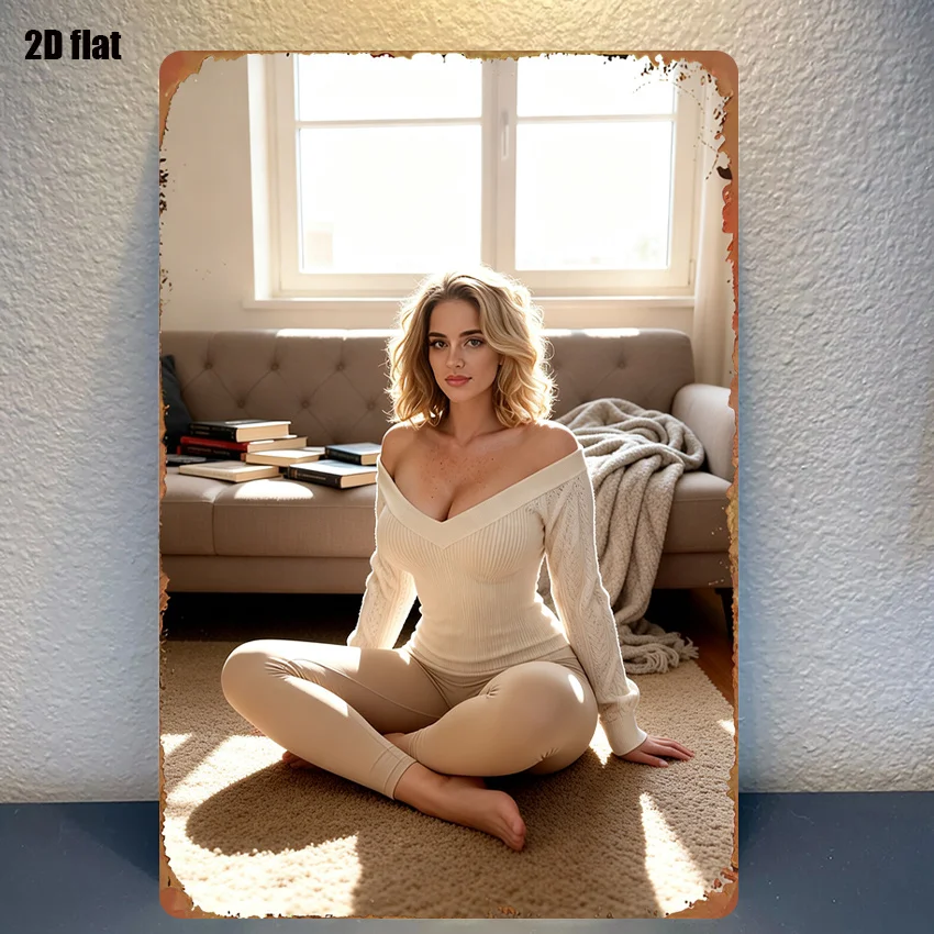 Cozy Living Room Blonde Woman in Off-Shoulder Knit Sweater High Definition Vintage Metal Tin Sign Wall Art Decor