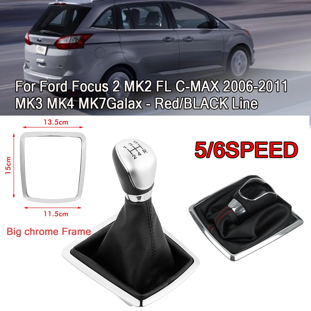 

5/6 Speed MT Shift Knob With Dust Boot For Ford Focus 2 MK2 FL C-MAX 2006-2011 MK3/MK4/MK7 Galax Black/Red Line
