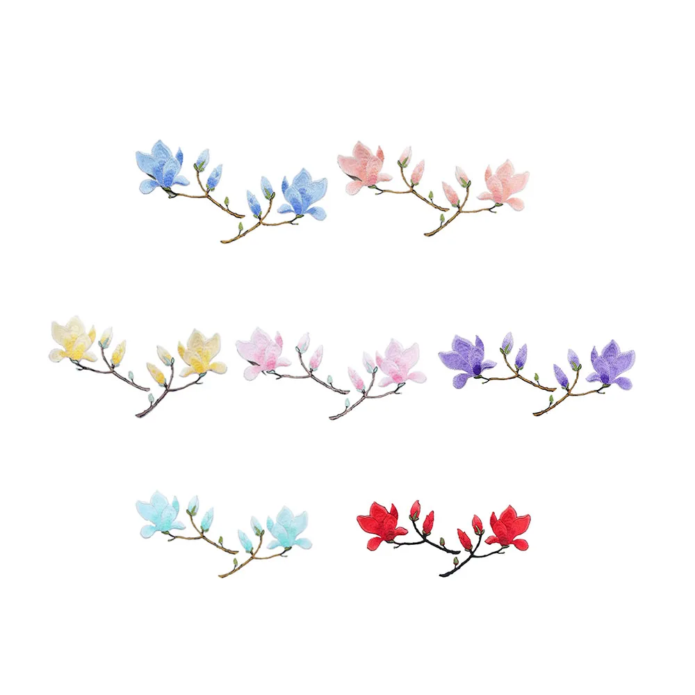 Magnolia Flower Branch Iron-on Embroidery Patches, Sew-on Cartoon Flower Patches for Bag Clothes, DIY Decoration, 1 Pair