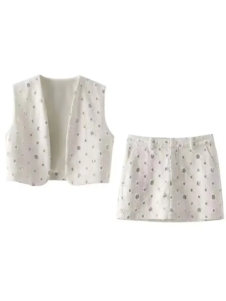 Elegant Sequin Skirt Sets For Women 2 Pieces Shinny Sleeveless Vest Women Suits 2024 Summer Fashion Zipped Skirts Set