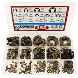 AIMUNOK 455Pcs E-Clip External Retaining Rings Snap Rings Assortment Set, High Carbon Steel C-Clip Kit, 14 SAE Sizes Circlip Sna