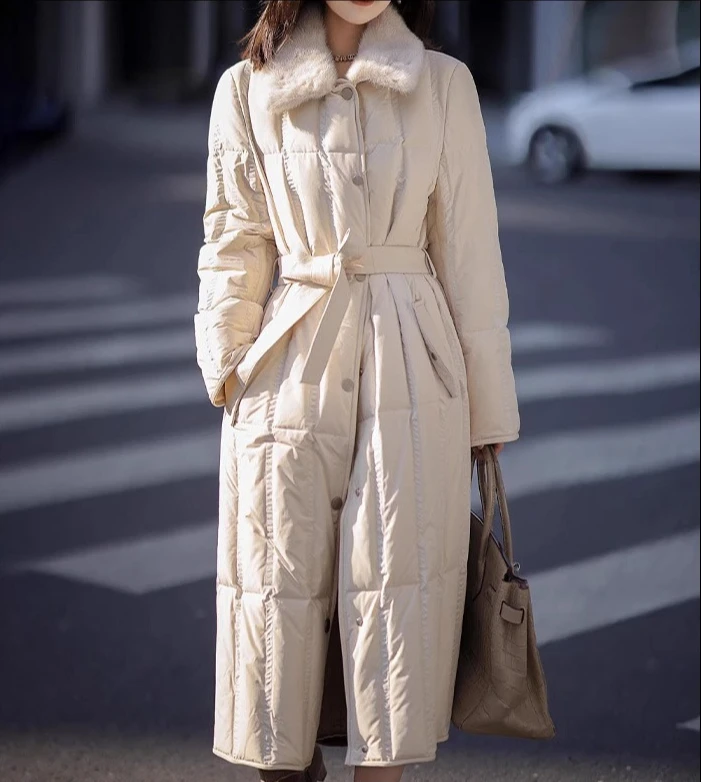 معطف طويل بياقة من فراء أرنب قضاعة، خصر نحيف سميك 2025 سترة دافئة راقية معاطف شتوية نسائية جديدة من Pinghu