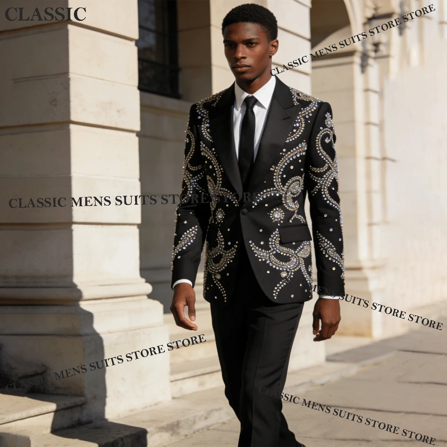 

Sparkly Tuxedos Men Suits Glitter Customized Diamond Decoration Peaked Lapel Groom 2 Pieces Set Wedding Male Prom Blazers suits