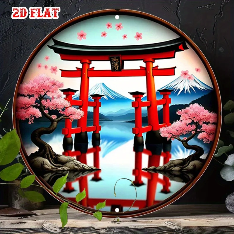 2D Flat - One-Piece Round Sign Featuring Pink Blossoms, Depicting a Tranquil Scene with a Tokyo Torii,