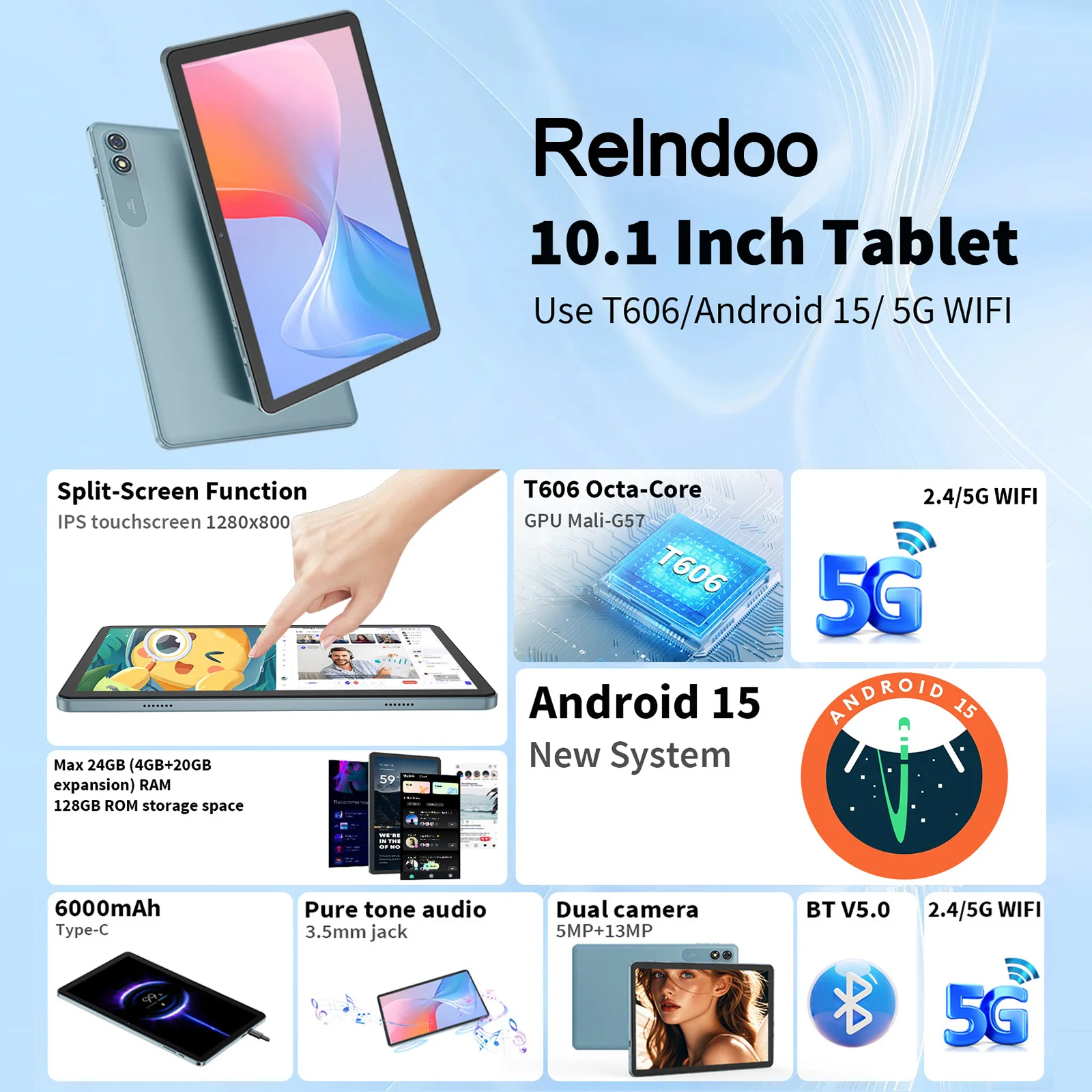 2025 Relndoo Android 15 Tablet, 24 GB (4 + 20 Expanso) RAM + 128 GB ROM, 10,1 Polegadas 1280x800 IPS, 5MP + 13MP Câmera Dupla, 5G WIFI, Tipo C