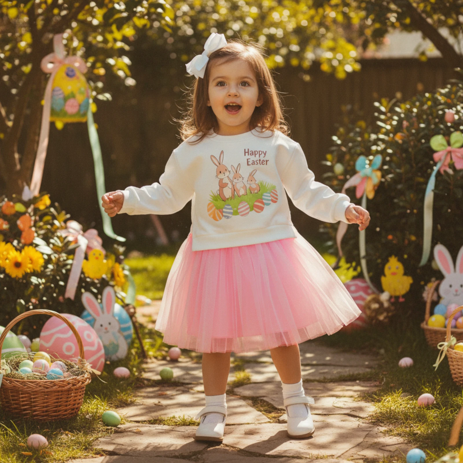 Toddler Girl Easter Dress Long Sleeve Crew Neck Bunny Egg Letters Print False Two-Piece Design A Line Tulle Dress