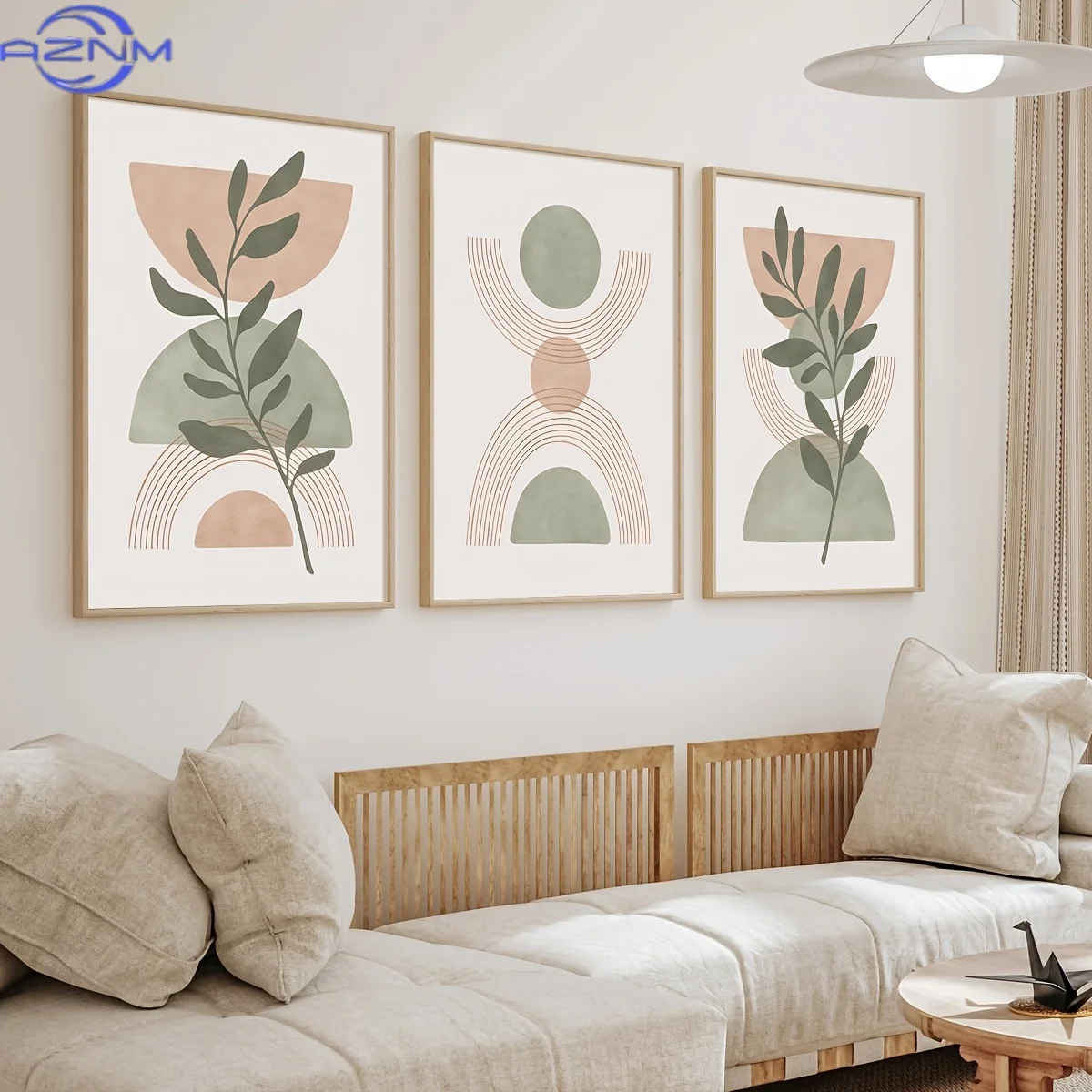3pcs Set of Peach Green Boho Botanical Wall Art Prints, Sage Green Mid-Century Print, Sage Green Canvas Poster, Natural Minima