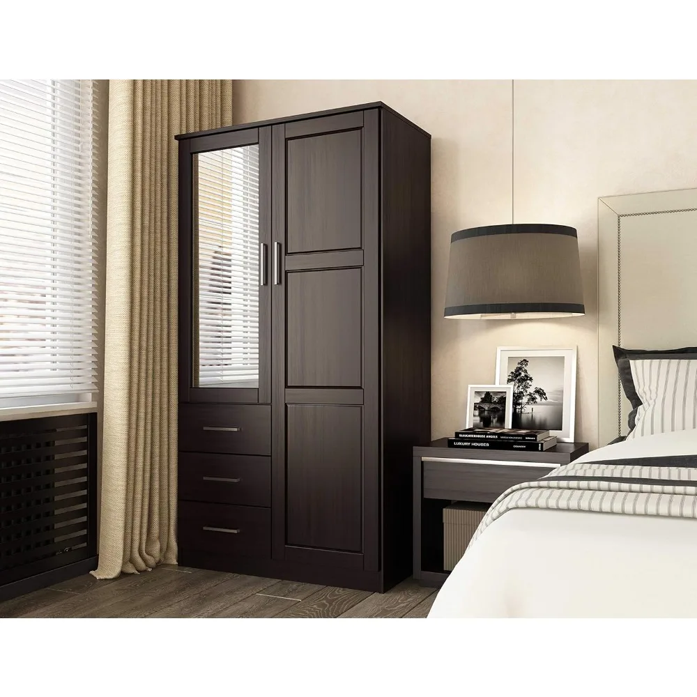 

Wooden Wardrobes,100% Solid Wood Wardrobe With Mirror, Java, 37.75" W X 72" H X 20.75" D,Bedroom Wardrobe