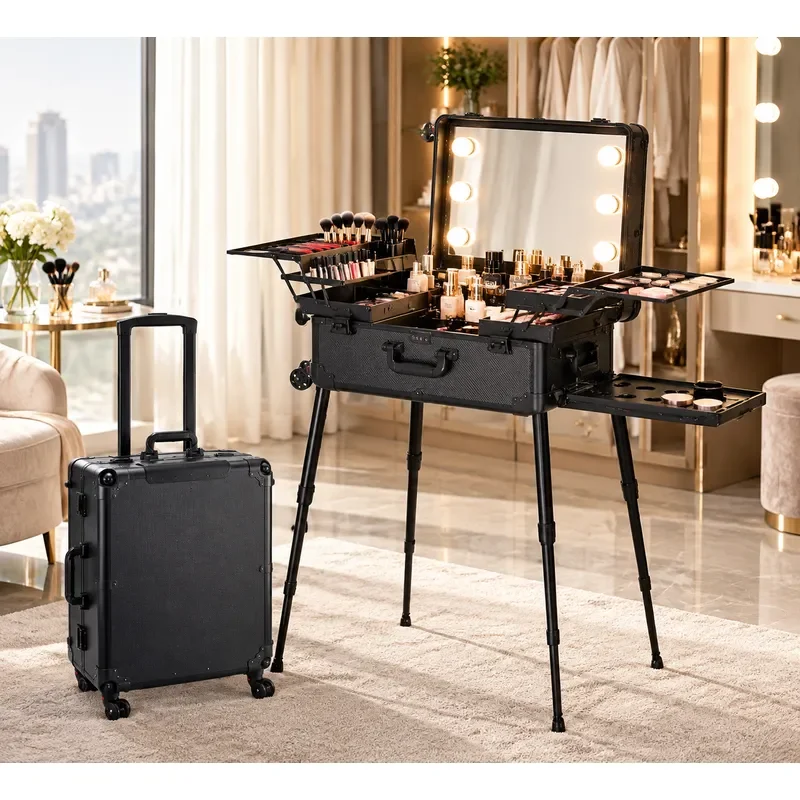 22 Inch Aluminum Makeup Case with Light Large Capacity Professional Cosmetic Trolley Box for Makeup Artists