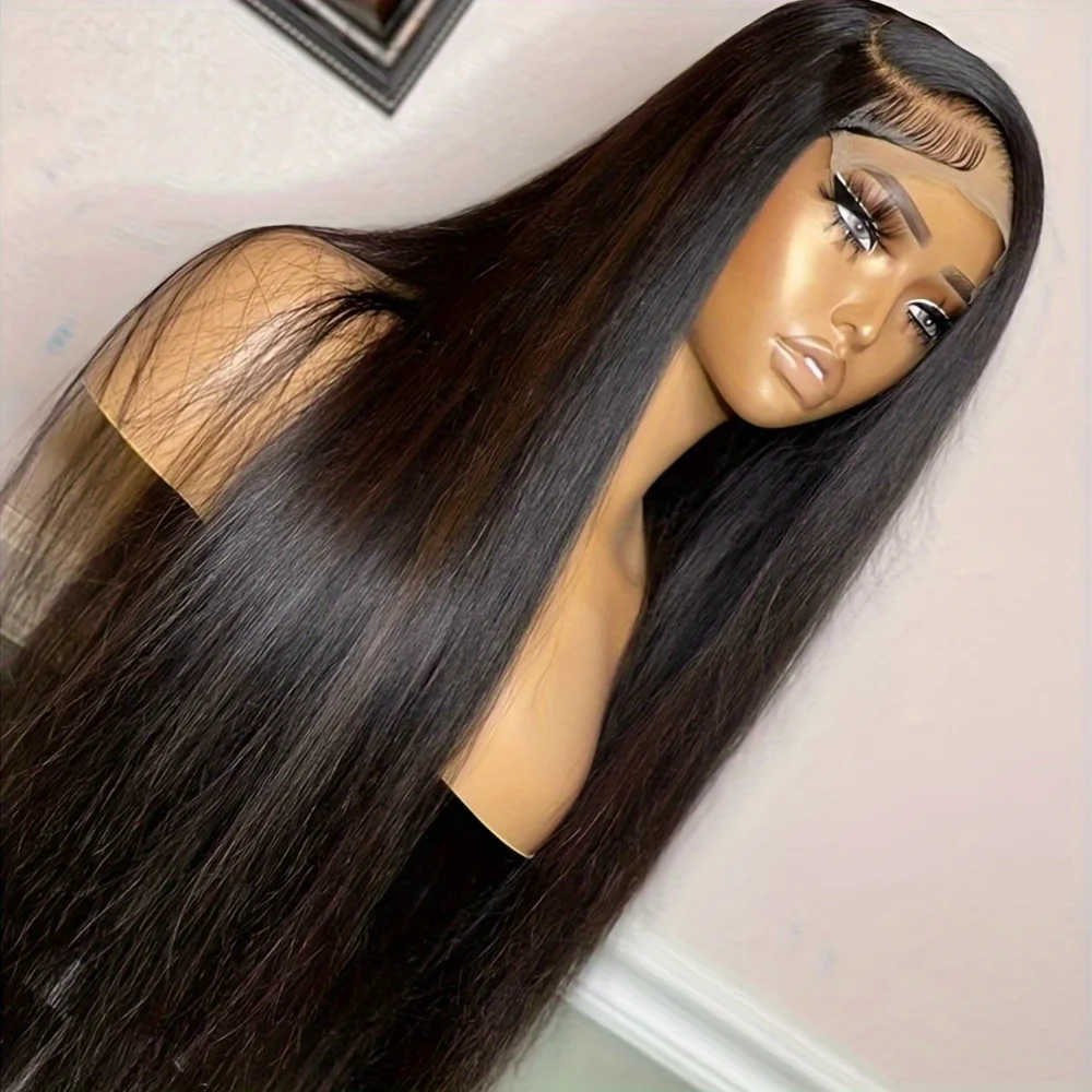 

Мягкий натуральный черный шелк, прямой, 26 дюймов, плотность 180%, 13x4, парик спереди, для женщин, детские волосы, бесклеевые, предварительно выщипанные, термостойкие