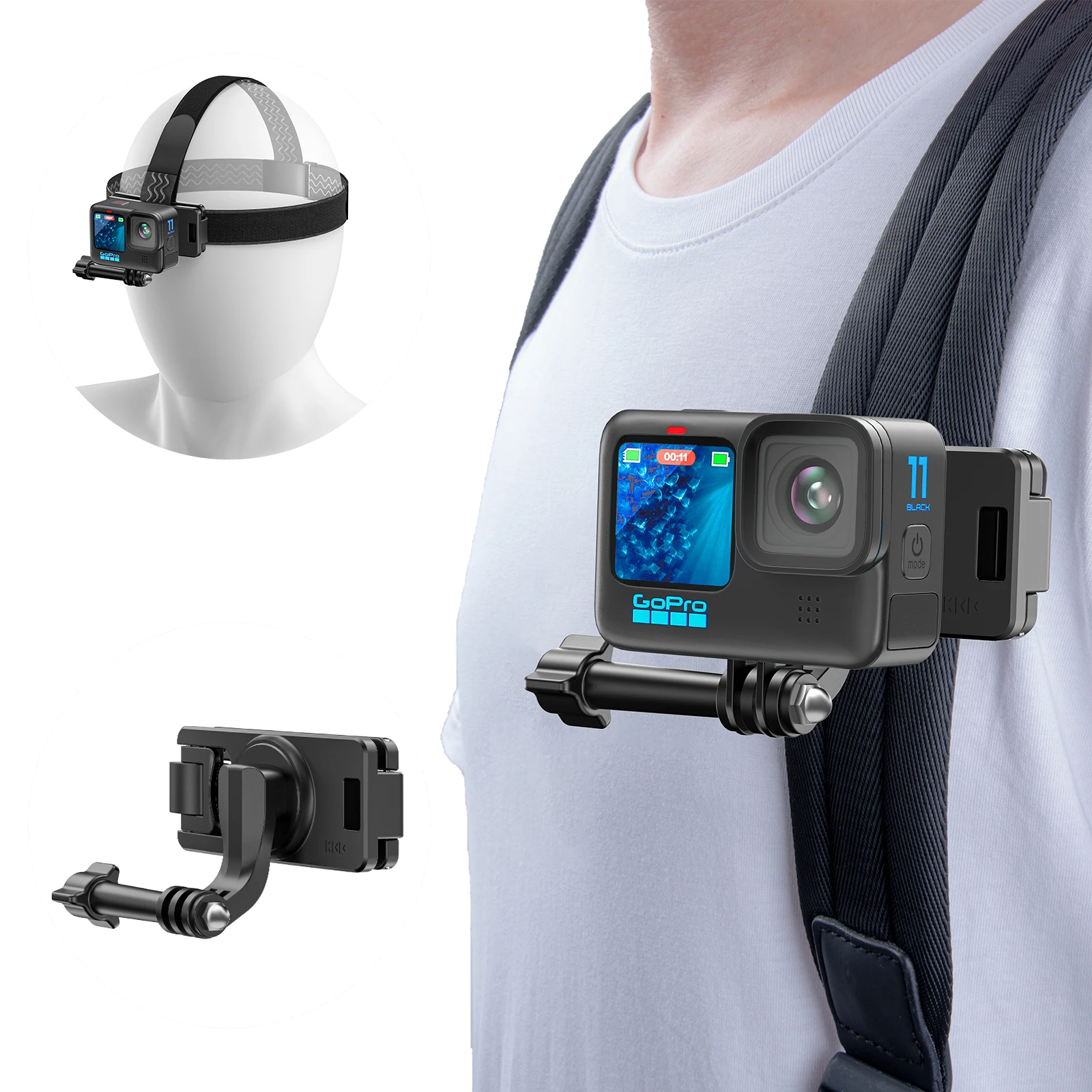 Support de sangle de tête et de sac à dos, support de sangle de tête réglable, rotation à 360 °, support initié à la caméra, compatible avec GoPro, 2 en 1