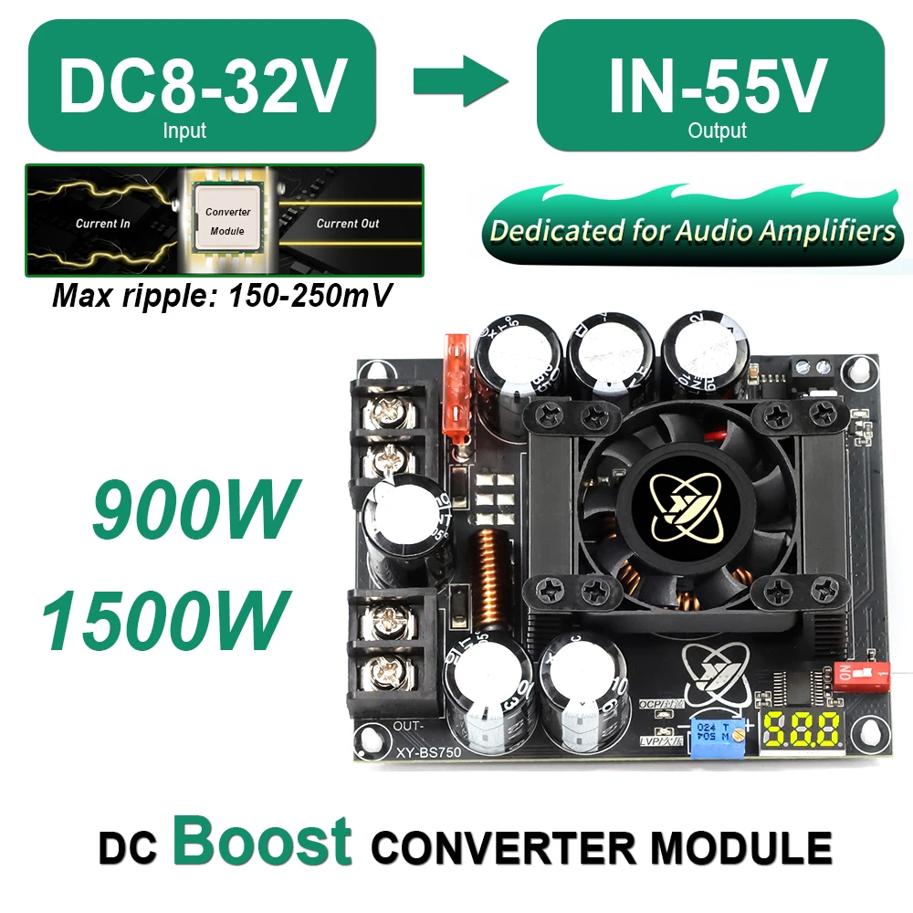 Nouveau module convertisseur élévateur de puissance 900/1500W réglable à faible ondulation, alimentation CC dédiée à l'audio avec ventilateur