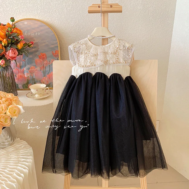 Children Summer Girl Pearls Cute Elegant Tulle Dress Sequins Short Sleeves Comfortable Casual Fashionable Sweet Fashion Lovely