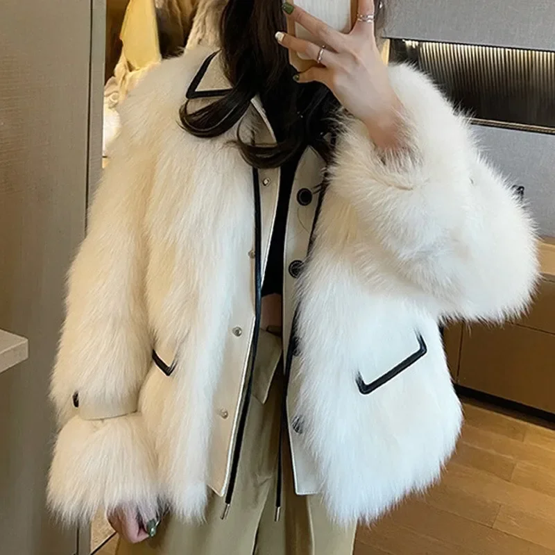 New 2023 Winter Faux Fox Fur Women Outwear Lapel Long Sleeve Button-up Stylish and Cozy Artificial Warm Fur Coat Elegant Jacket