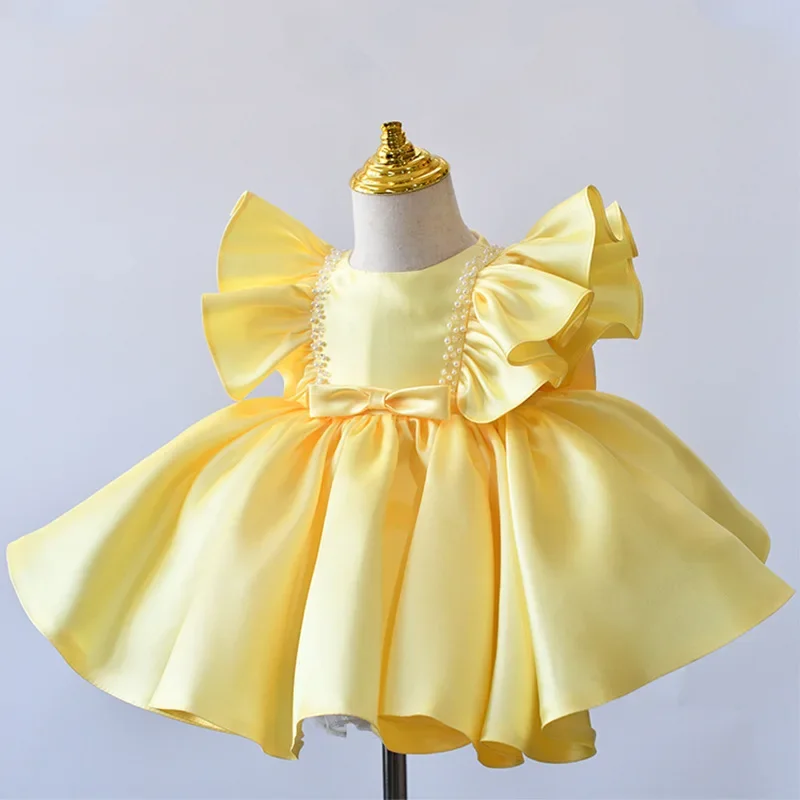 Robe de Princesse en Satin Élégante Personnalisée pour Fille, Tenue d'Anniversaire de Couleur Unie, Col Rond, Manches Volantes, à Fleurs, avec Nministériels d Perlé Doux, 2024