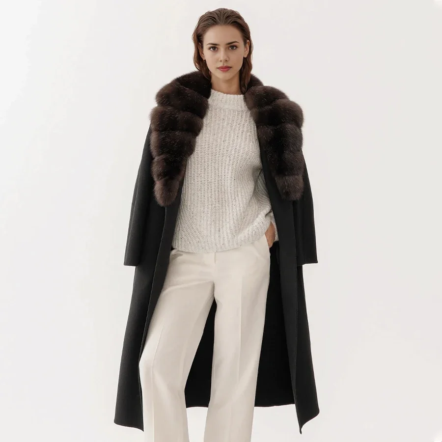 

Long Wool Blended Coat With Fox Fur Trim Women's Winter Jacket Real Fox Fur Overcoat Luxury Wool Coats For Women