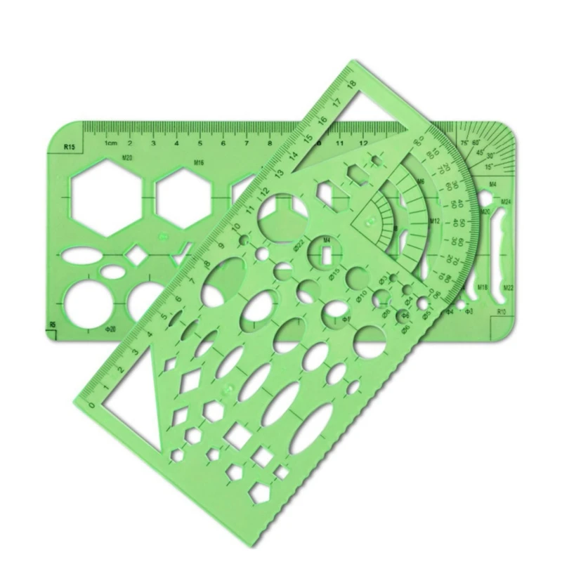 Geometric Drawing Template Measuring Ruler Transparent Green Plastic for School