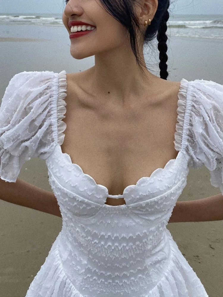 CHEERART Puff Sleeve Backless White Corset Dress For Women Summer 2023 Square Neck Tunics Ball Gown Mini Luxury Dress