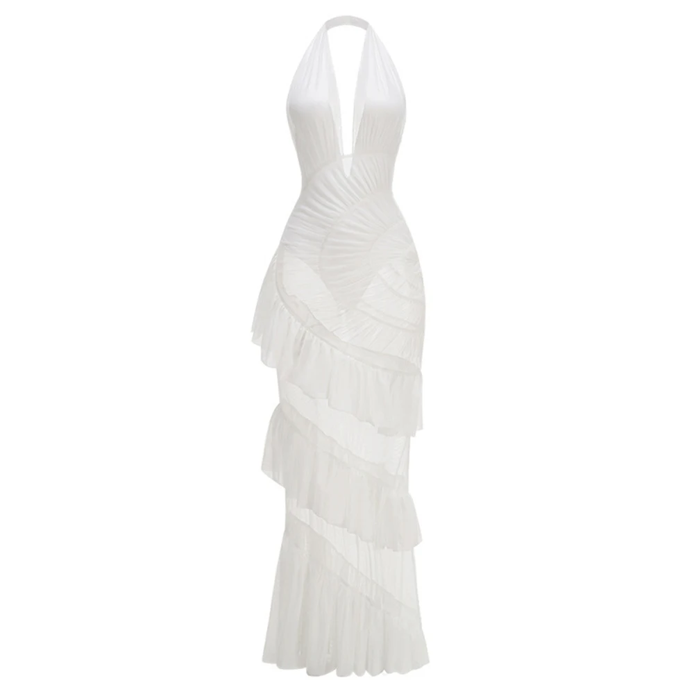 ชุดเดรสยาวแบบมีระบายชั้นๆ ผ้าทูลล์เนื้อบางเบา คอวีลึกแบบเซ็กซี่ สายคล้องคอ เปิดหลัง แต่งระบาย ผ้าตาข่ายโปร่งแสง ดีไซน์แอมโมไนต์  ชุดราตรีหรูหราสำหรับงานพรอมหรืองานเลี้ยงตอนเย็น