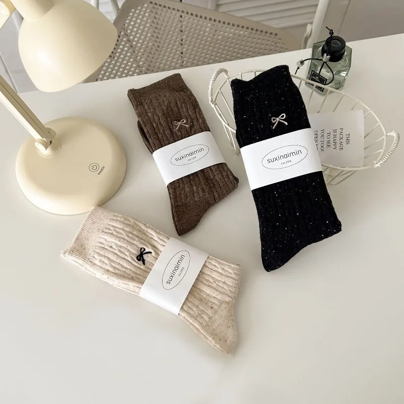 6 Pairs 2026 Autumn and Winter Cotton Knitted Fancy School Socks Solid Color Women's Socks Set Ladies Spring Thermo Grip Socks