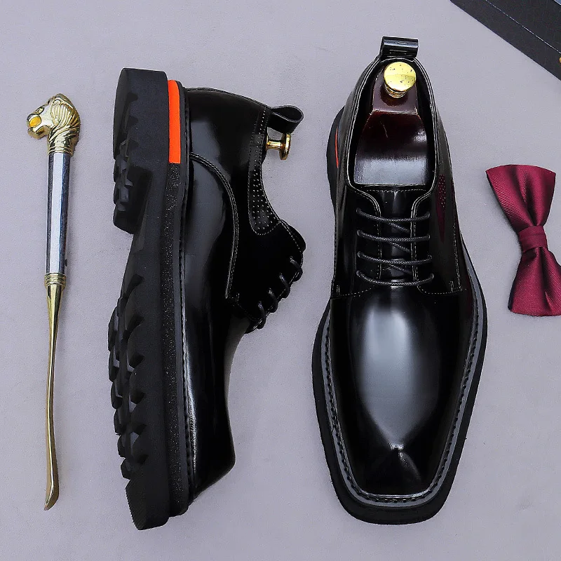Men's Patent Leather Dress Shoes Chunky Platform Lace-Up Business Formal Oxfords Thick Sole Anti-Slip Shoes for Wedding Party