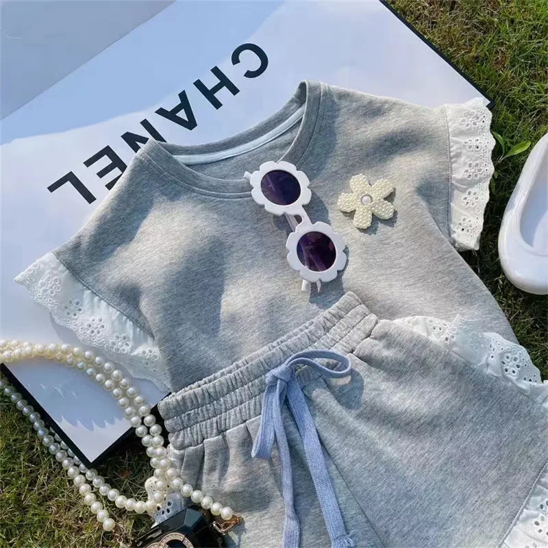 Baby Casual Round Neck Set Girls Lace Short Sleeve T-Shirt Suit Summer New Children Cute Sweet Fashion 2 Piece 12M-6 Years Old