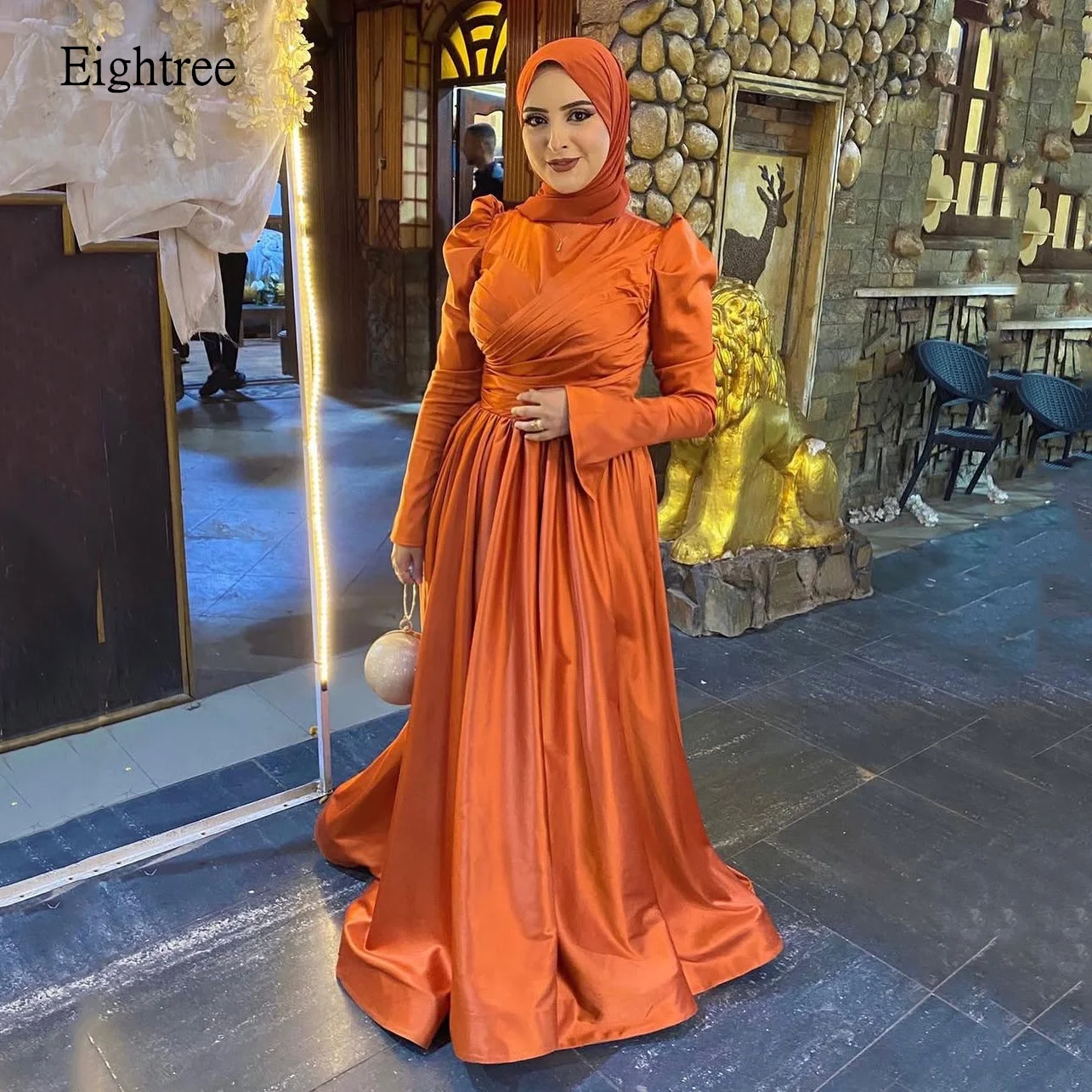 

Eightree Saudi Orange A Line Formal Prom Gowns High Neck Full Sleeves Evening Dress Stain Floor Length Party Dresses Customized