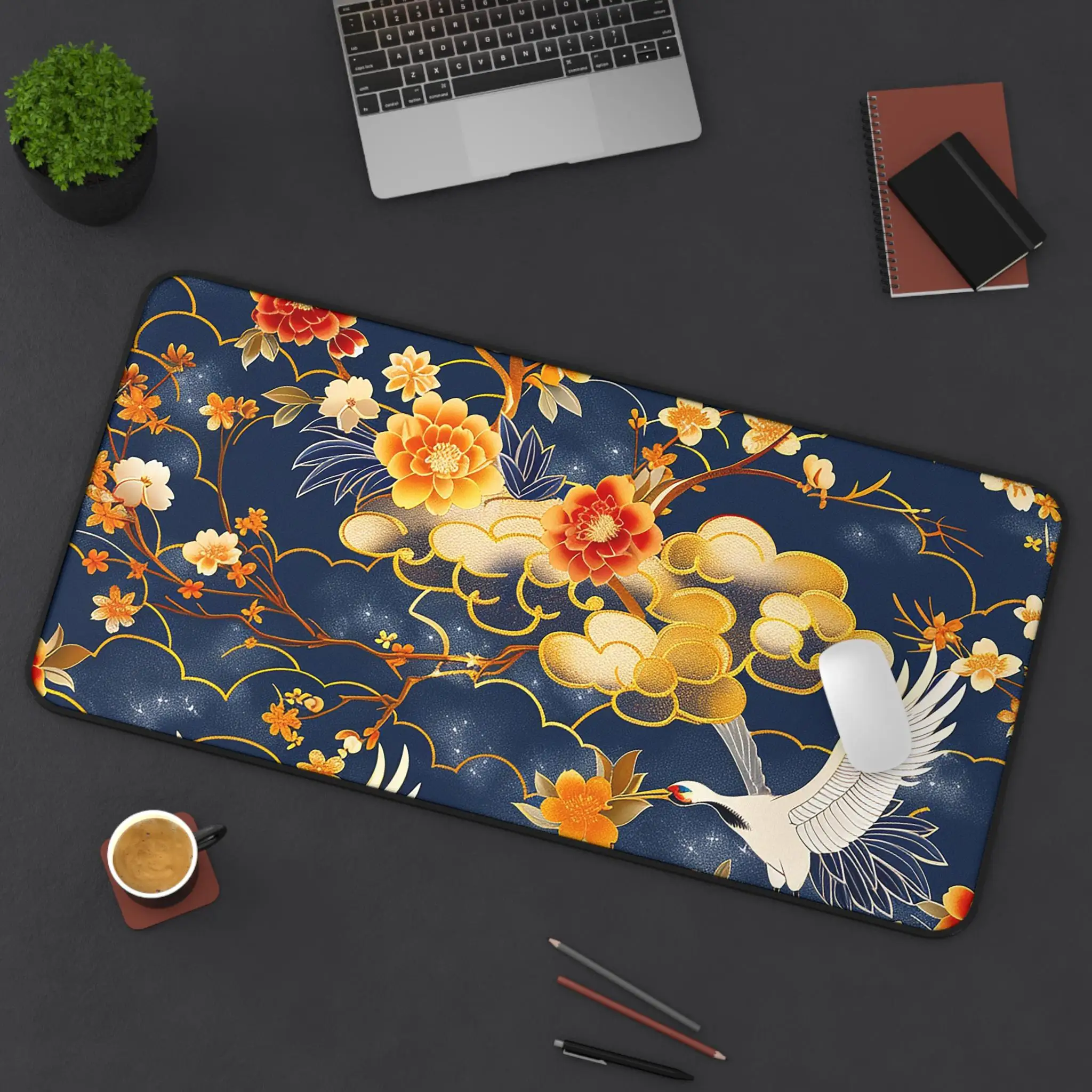 

Japanese Crane Art Deskmat,Home Office Desk Mat,Golden Asian Crane Design,Gift for Bird Lovers,Office Decoration Kawaii Desk Pad