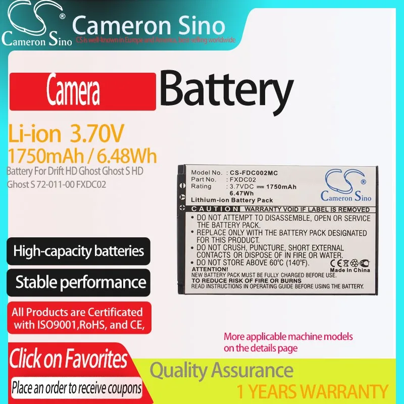 CS Camera Battery for Drift HD Ghost Ghost Ghost S HD Ghost S Fits 72-011-00 FXDC02 1750mAh / 6.48Wh 3.70V Li-ion