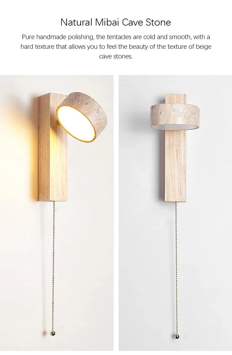 Wandleuchte im Wabi Sabi-Stil, natürlicher gelber Travertinstein, drehbar, mit Zugkettenschalter, LED-Nussbaumholz-Dekorleuchte für Schlafzimmer – Detail 7